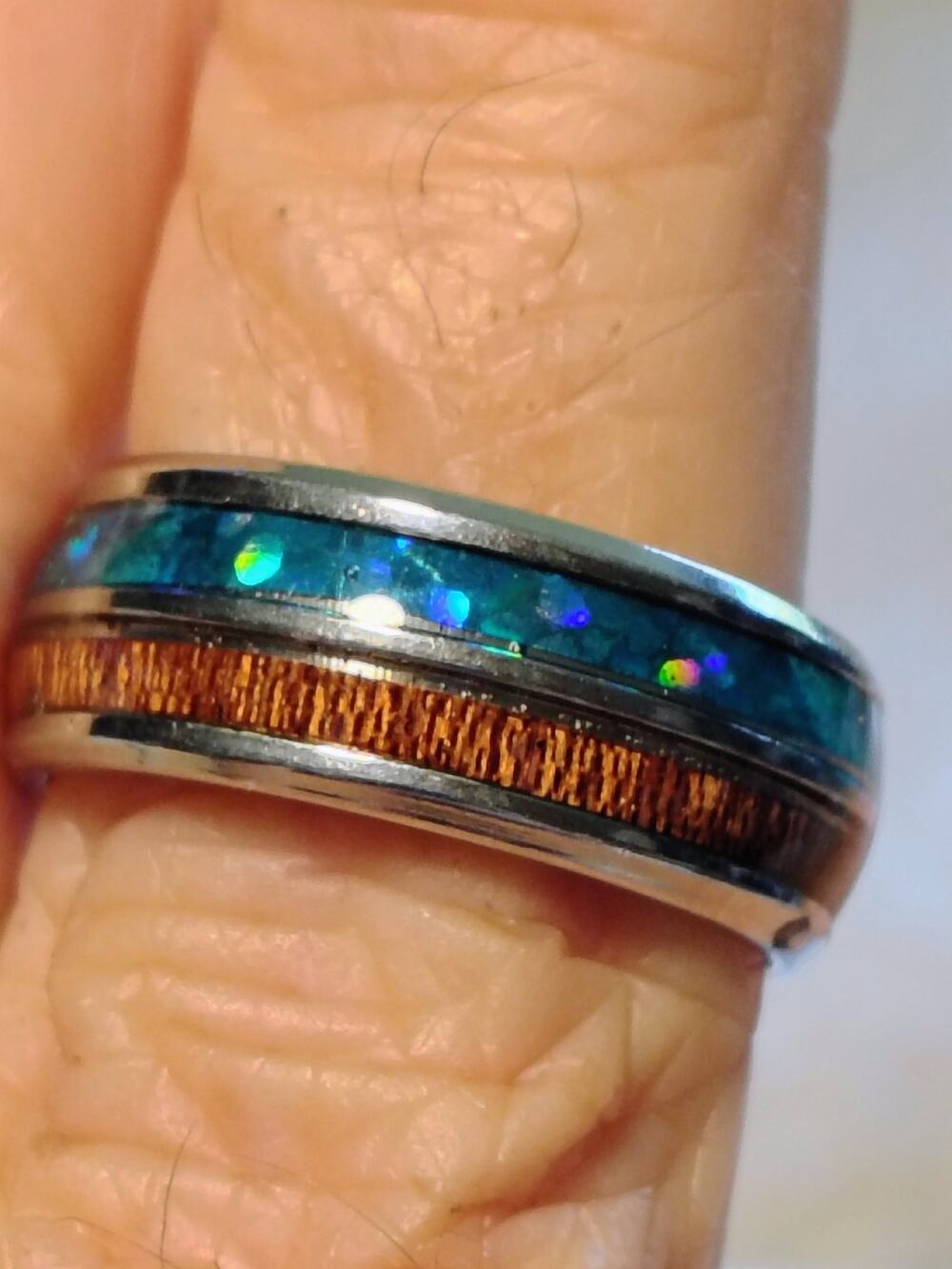 Blue Opal Koa Wood Inlay Comfort Band Ring Size 7
